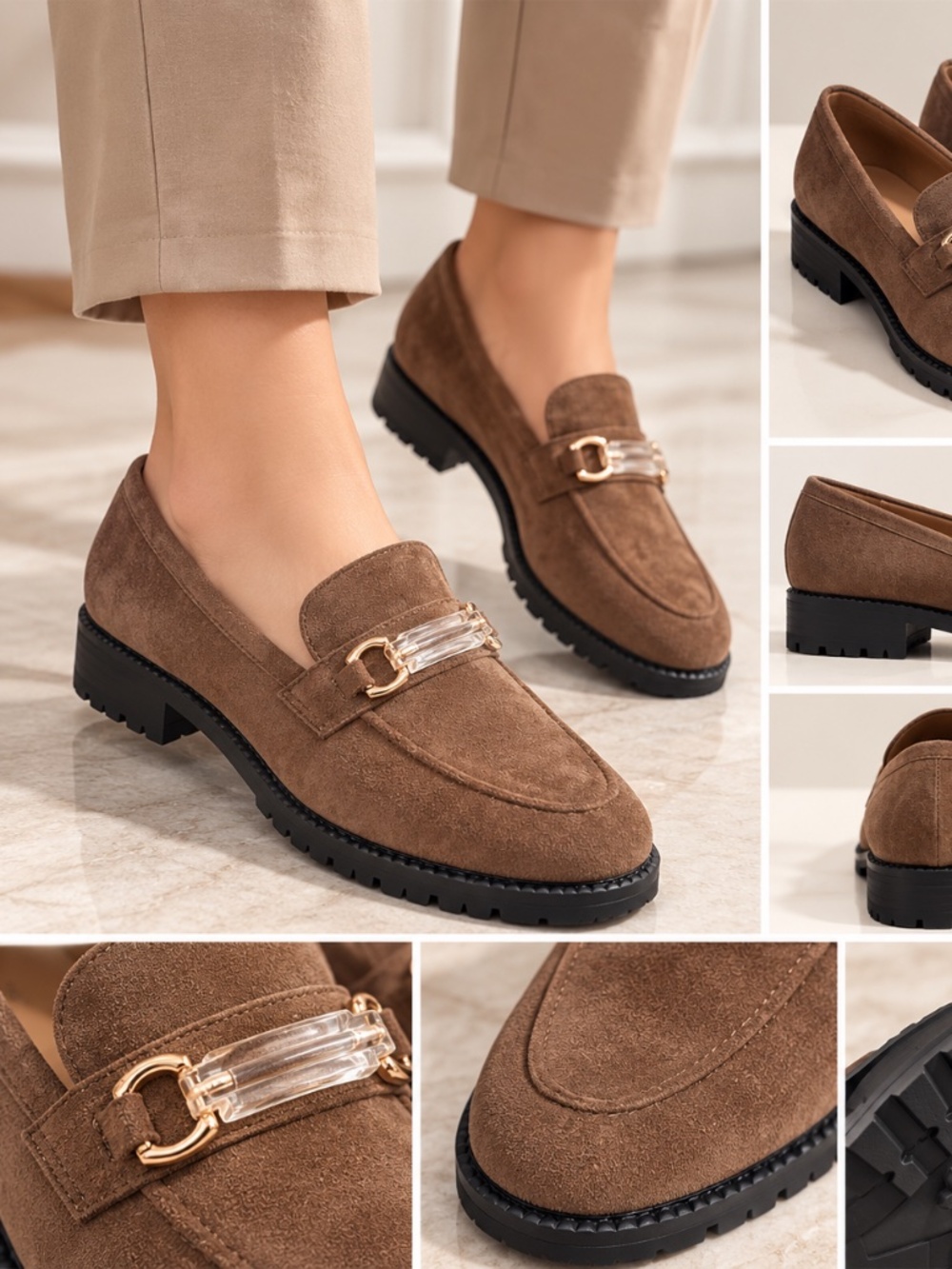 Women’s Brown Suede Look Loafers Gold Buckle Chunky Sole Size 38